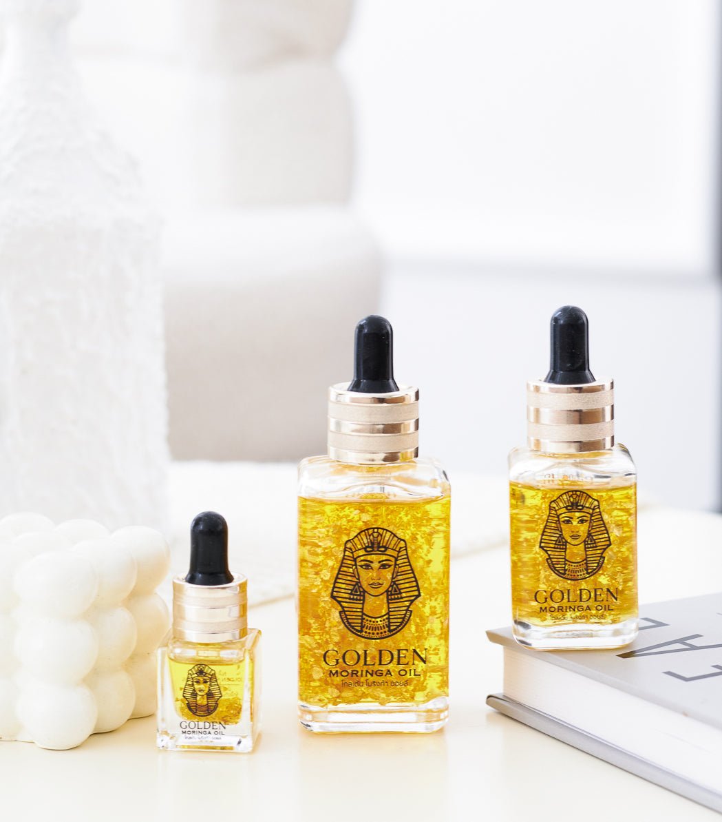 Panya Natural Golden Moringa Oil: Luxurious, rejuvenating organic Thai moringa oil skincare with real 24k gold